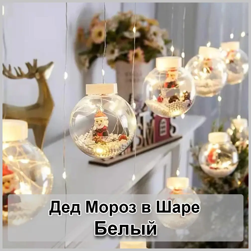 Гірлянда завіса штора Кулі з наповненням Дід Мороз, 3м, 10 куль LED USB - Зображення 2