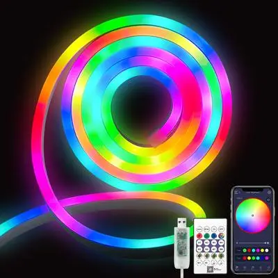 Розумна гнучка LED Neon RGB стрічка-шланг 5 метрів від USB керування режимами з телефону, Bluetooth додаток, пульт - Зображення 3