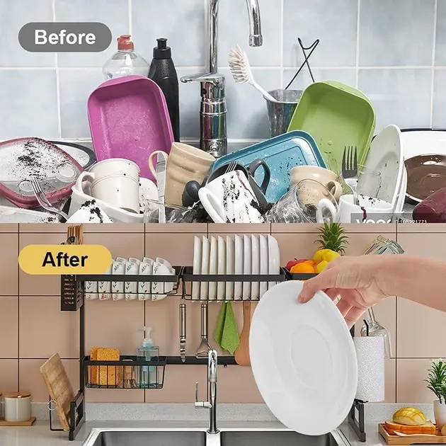 Багатофункціональна Двоярусна полиця - органайзер JYH для сушіння посуду над раковиною, чорна 65 см - Зображення 4