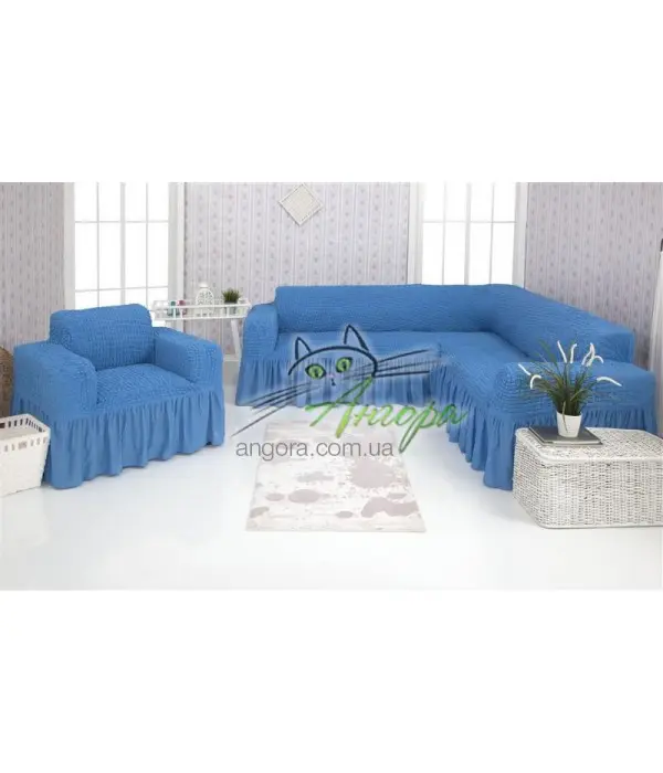 Чохол накидка на кутовий диван з кріслом, комплект чохлів на кутовий диван та крісло з оборкою Туреччина - Зображення 7