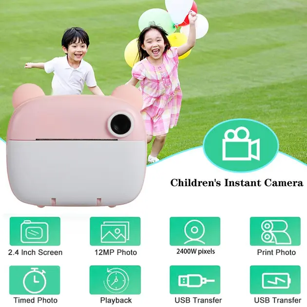 Рожевий Дитяча цифрова фотокамера миттєвого друку з термопринтером M&A-2000 - Зображення 2