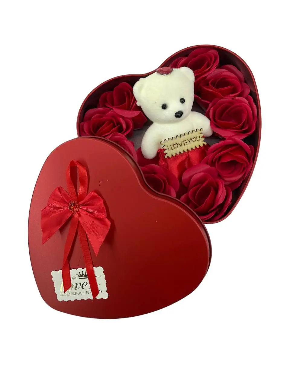 Подарунковий набір з ведмедика і 11 троянд з мила в коробці у формі серця - Зображення 2