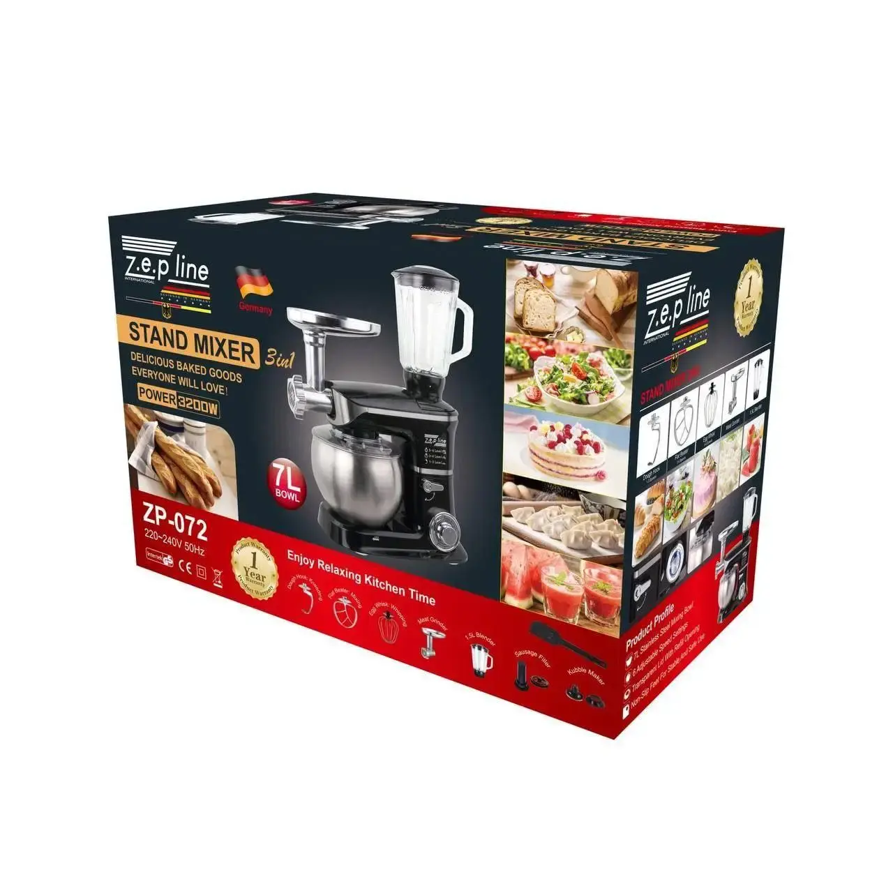 Кухонний комбайн 4в1 (тістоміс, м'ясорубка, блендер, міксер) Zepline ZP-072 3200W - Зображення 2