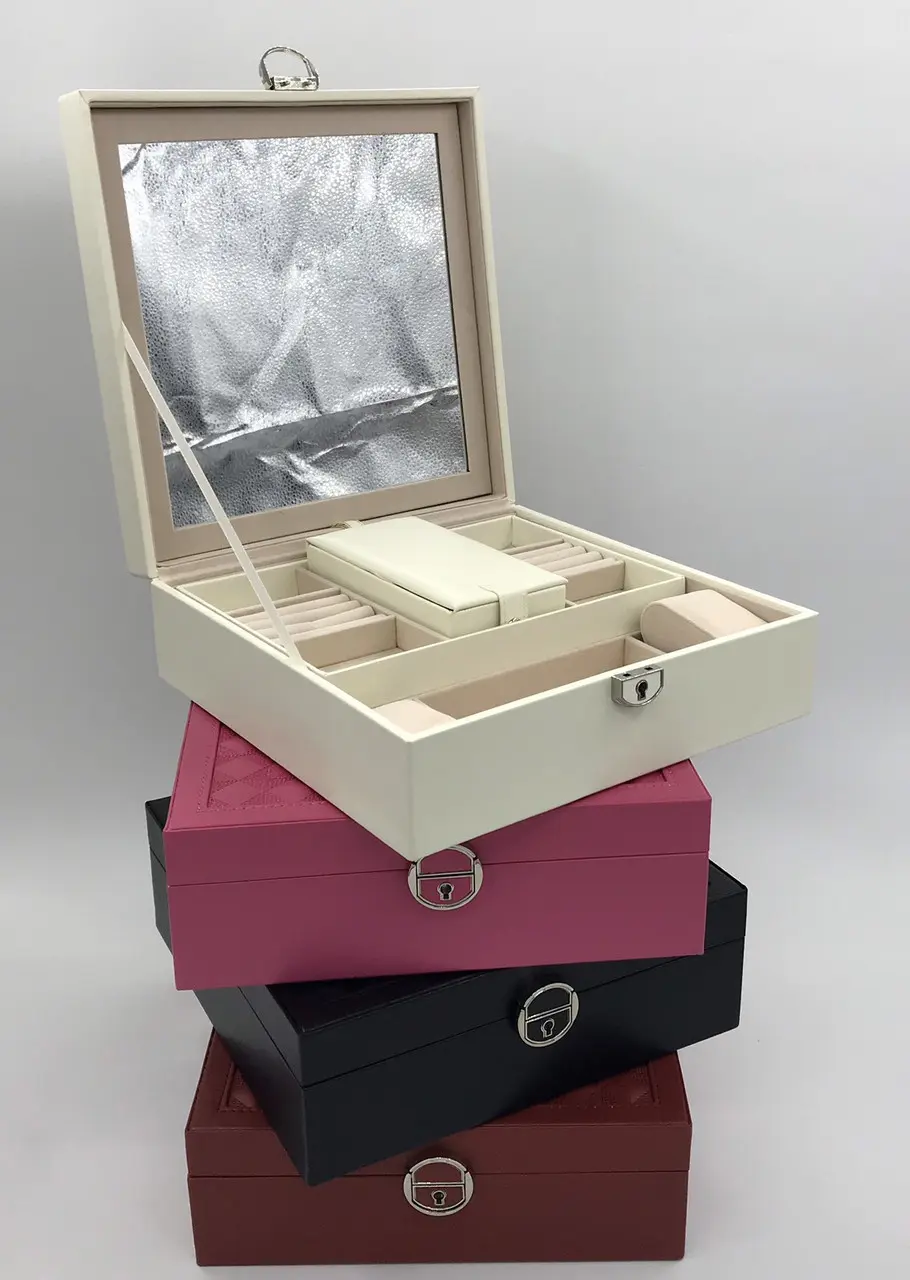 Скринька для прикрас стьобана з великим дзеркалом, що відкидається, маленька скринька всередині колір слонова кістка - Зображення 10