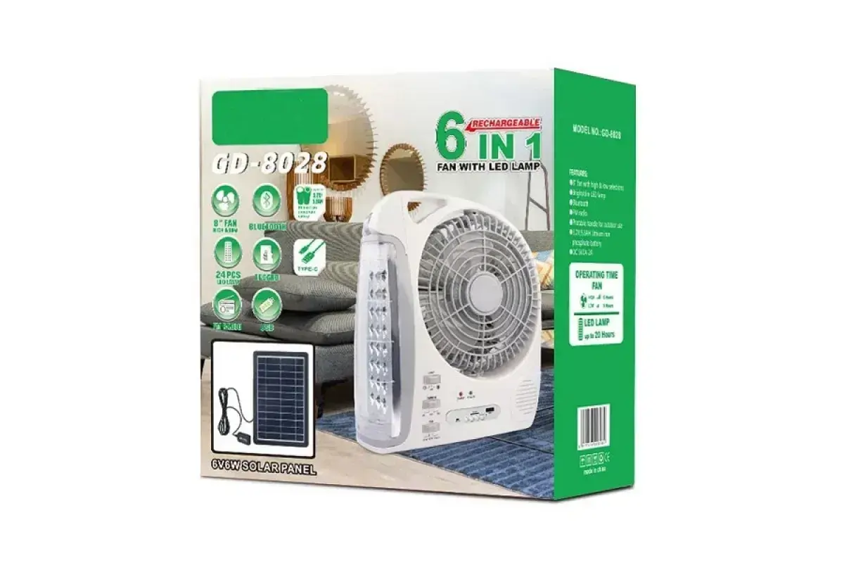 Вентилятор портативний (GD-8028/N283) 6в1 (8", LED лампа, радіо, сонячна панель, 2 швидкості, 10Вт, Bluetooth, USB, 3.2V/5500 мАг) - Зображення 2