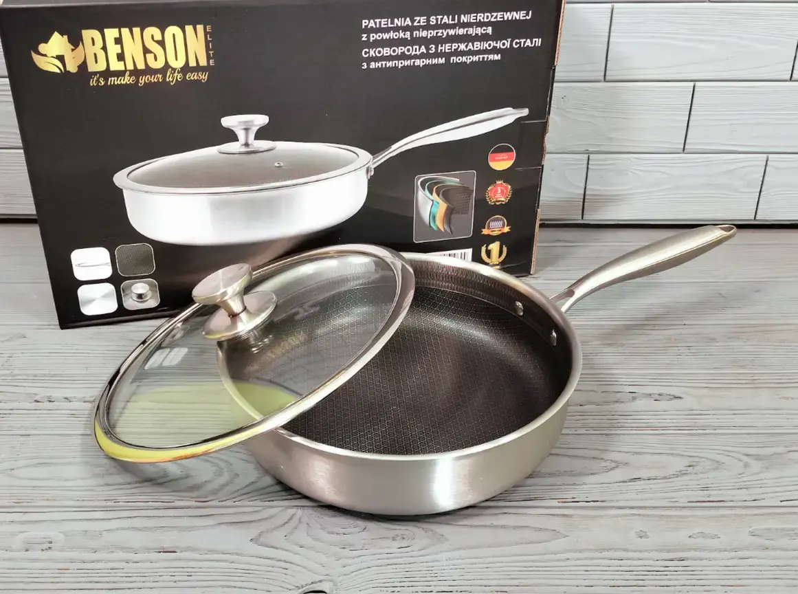 Глибока сковорода із нержавіючої сталі 28 см. Benson BN-588 - Зображення 9