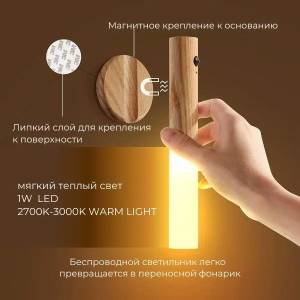 Ліхтар акумуляторний W-52 з датчиком руху / Настінний світильник нічник / LED ліхтарик - Зображення 2