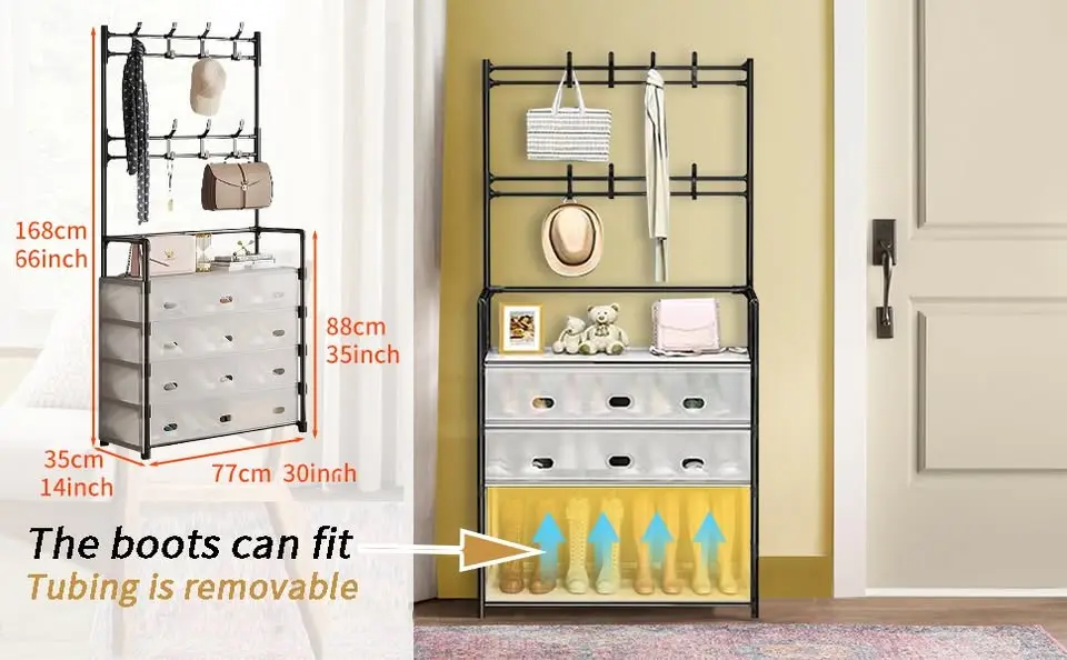 NEW Залізна вішалка для одягу + підставка для взуття, 2 в одному, 4 полиці Бежева - Зображення 9