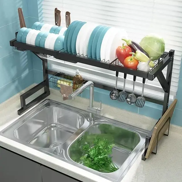 Багатофункціональна Двоярусна полиця - органайзер JYH для сушіння посуду над раковиною, чорна 65 см - Зображення 6