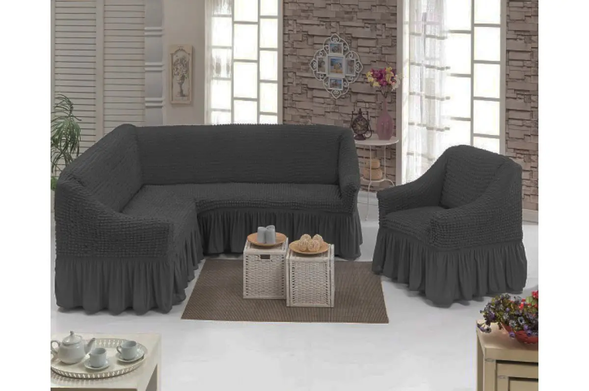 Чохол накидка на кутовий диван з кріслом, комплект чохлів на кутовий диван та крісло з оборкою Туреччина - Зображення 5