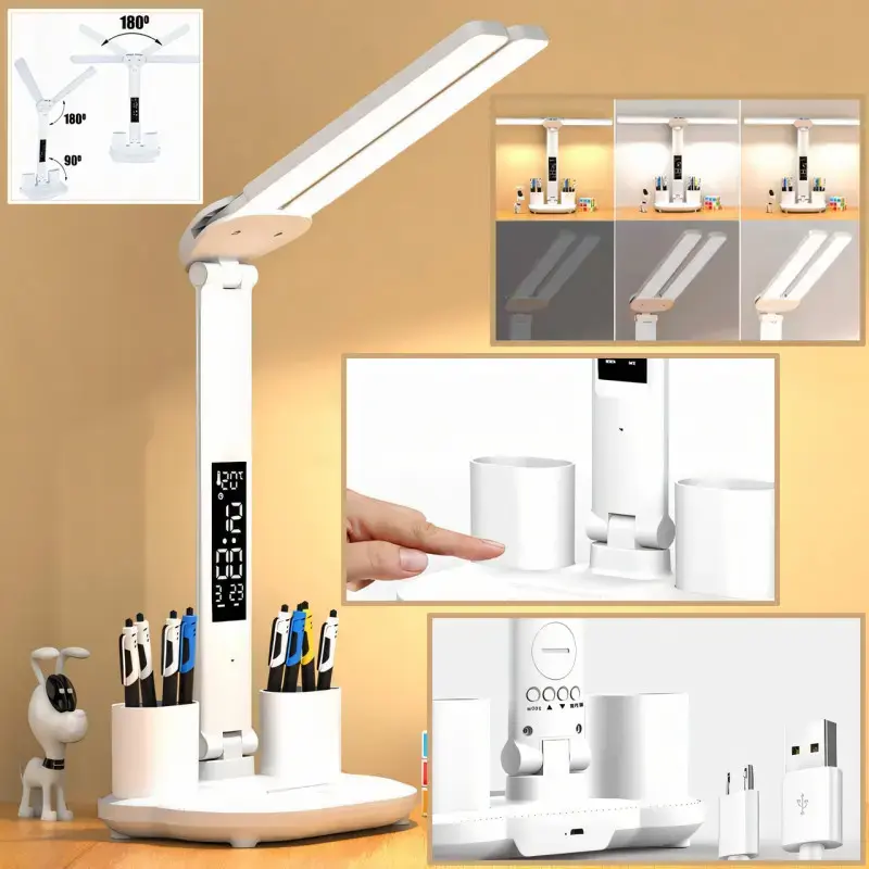 Светодиодная LED настольная лампа с двумя плафонами с термометром, временами, календарем, подставка для ручек на аккумуляторе - Зображення 2