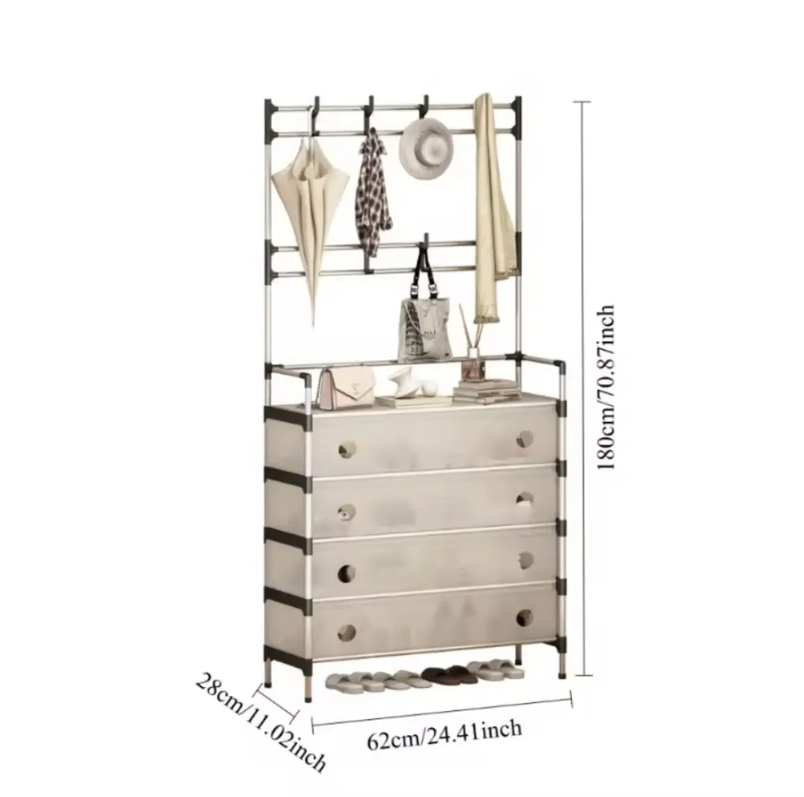 NEW Залізна вішалка для одягу + підставка для взуття, 2 в одному, 4 полиці Бежева - Зображення 5