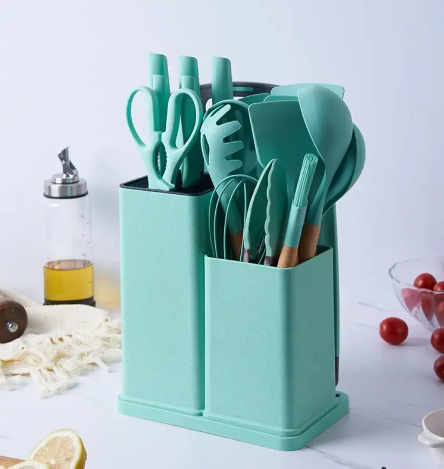 Сірий Набір кухонного приладдя 19 предметів з подвійною підставкою дошкою набором ножів ZP-0102 - Зображення 3