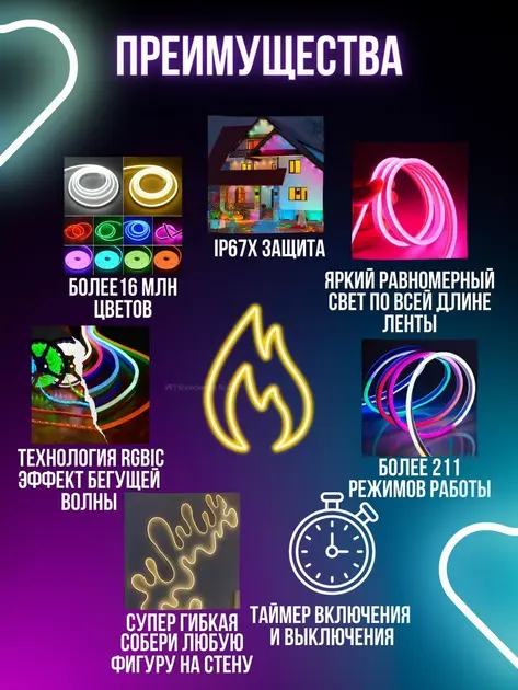 Розумна гнучка LED Neon RGB стрічка-шланг 10 метрів від USB керування режимами з телефону, Bluetooth додаток, пульт - Зображення 8