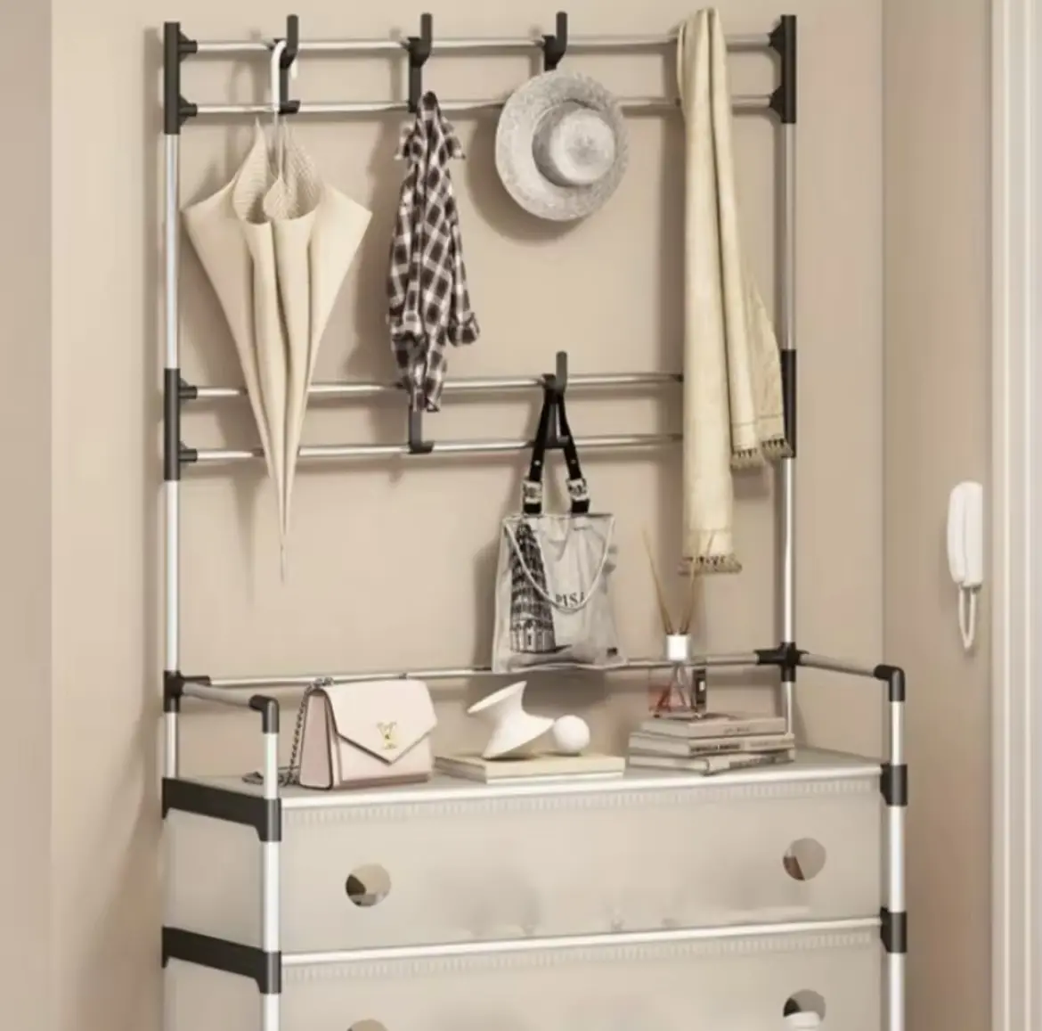 NEW Залізна вішалка для одягу + підставка для взуття, 2 в одному, 4 полиці Бежева - Зображення 2