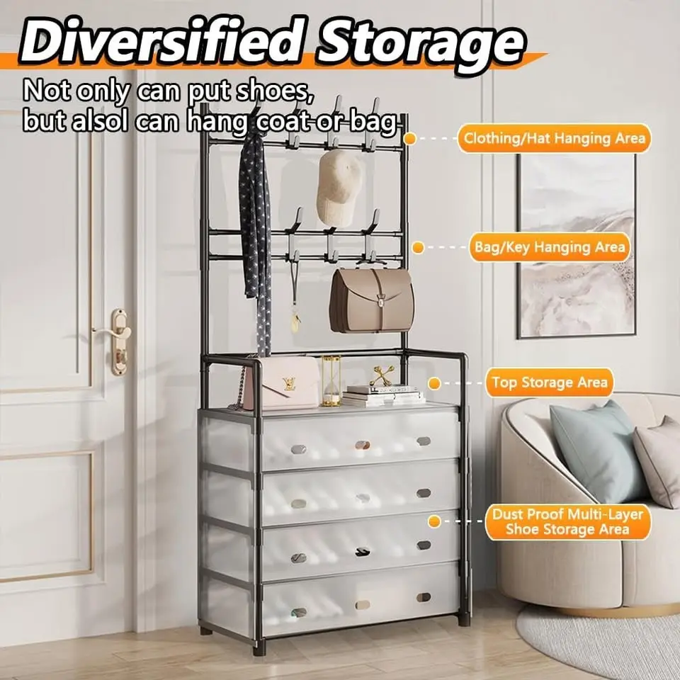 NEW Залізна вішалка для одягу + підставка для взуття, 2 в одному, 4 полиці Бежева - Зображення 10