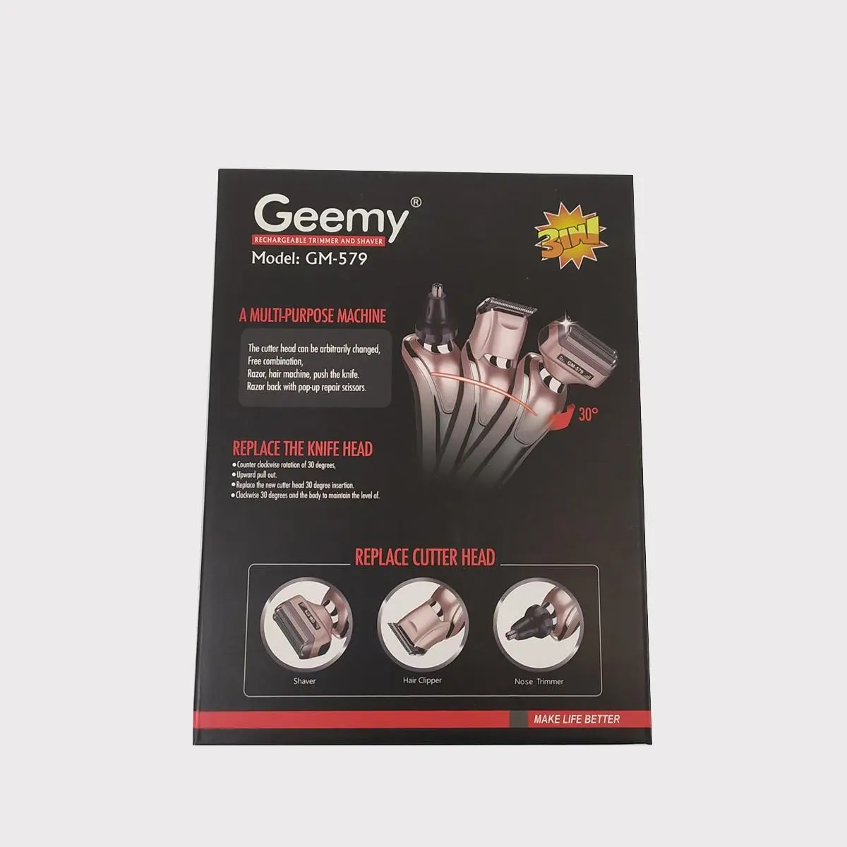 Бритва триммер 3 в 1 Geemy GM-579 на акумуляторі універсальна з насадками для стрижки бороди носа вух - Зображення 3