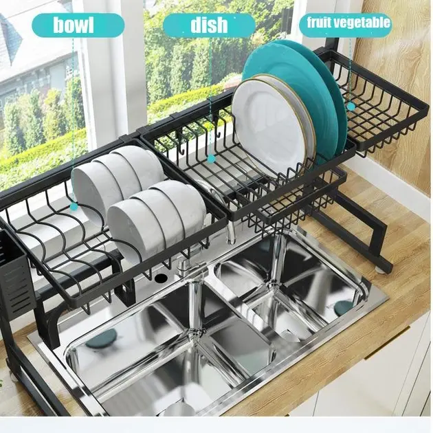 Багатофункціональна Двоярусна полиця - органайзер JYH для сушіння посуду над раковиною, чорна 65 см - Зображення 8