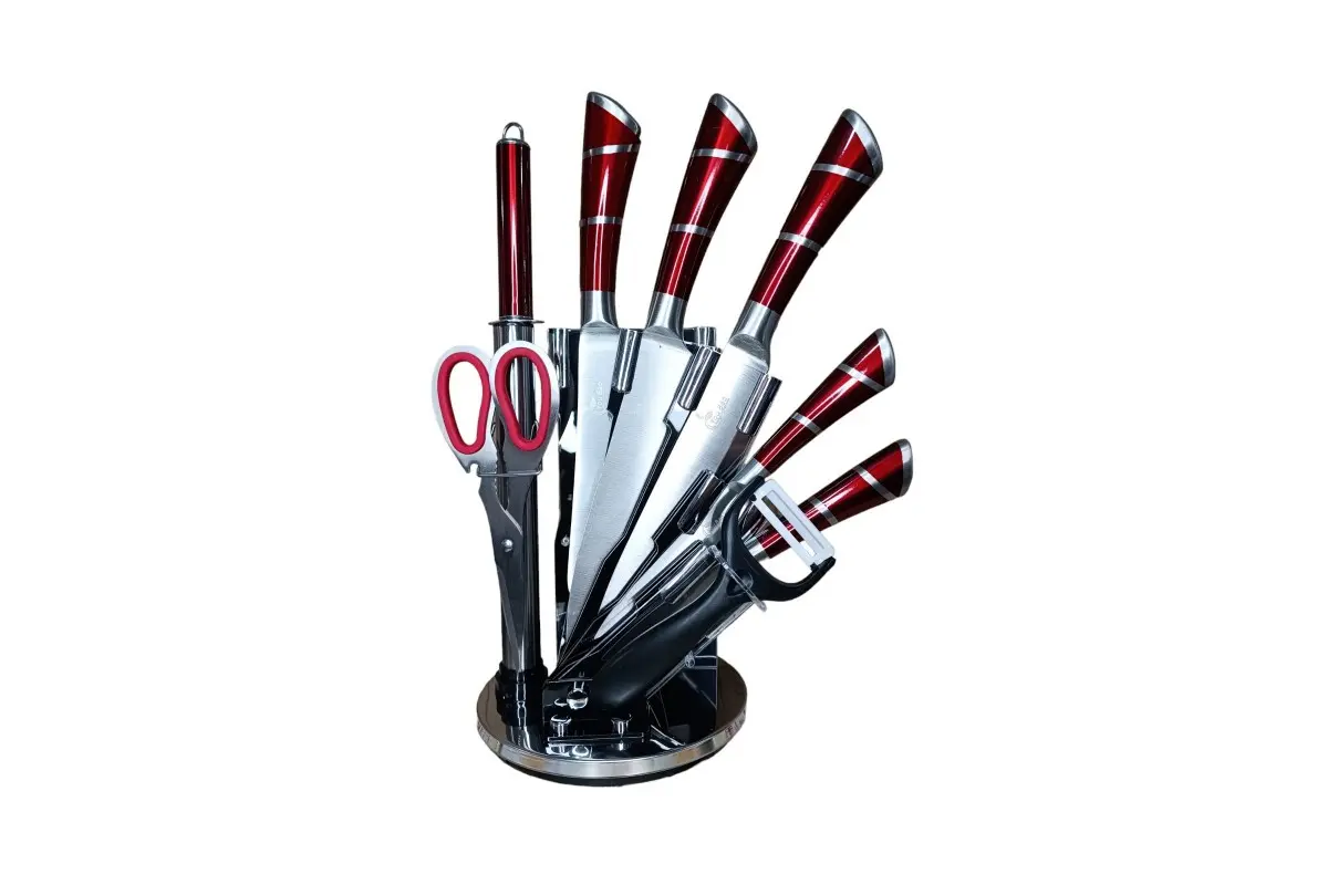 Червоний Набір столових ножів+ножиці+чистка 9 предметів