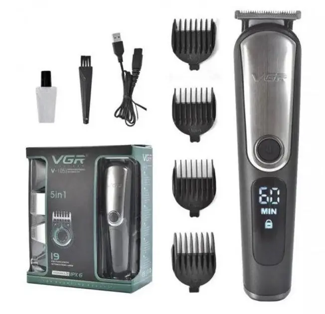 Машинка для стрижки волосся VGR V-105 тример для вусів та бороди з насадками 5в1 - Зображення 5
