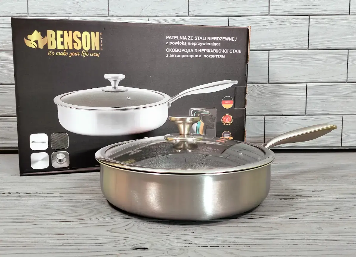 Глибока сковорода із нержавіючої сталі 28 см. Benson BN-588 - Зображення 6