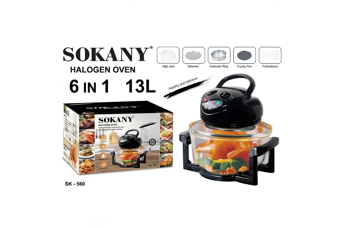 Аерофритюрка 6в1 SOKANY SK-560 електрична аерогриль 13 л 1400 Вт галогенна піч температура до 250 С - Зображення 5