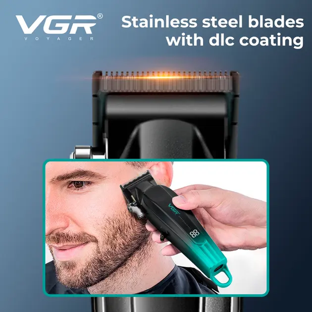 Акумуляторна машинка для стрижки VGR V-662 GREEN, 7000 RPM, 6 насадок, LED дисплей - Зображення 4