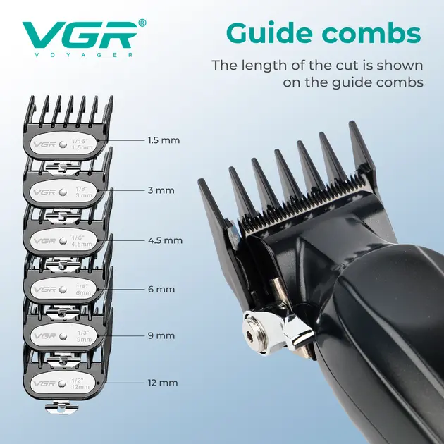 Акумуляторна машинка для стрижки VGR V-662 GREEN, 7000 RPM, 6 насадок, LED дисплей - Зображення 6