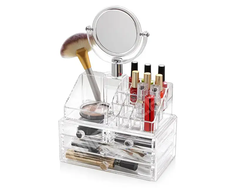 Акриловий органайзер для зберігання косметики з дзеркалом, настільний бокс, Cosmetic Storage Box, TS - Зображення 2