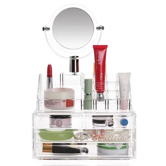Акриловий органайзер для зберігання косметики з дзеркалом, настільний бокс, Cosmetic Storage Box, TS - Зображення 5