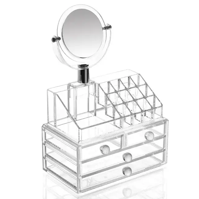 Акриловий органайзер для зберігання косметики з дзеркалом, настільний бокс, Cosmetic Storage Box, TS - Зображення 4