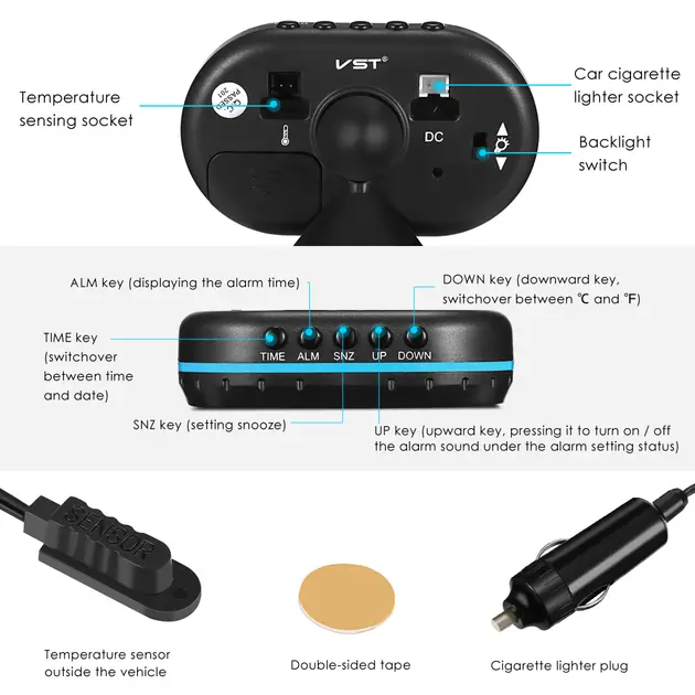 Автомобільний годинник – термометр – вольтметр VST – 7009V - Зображення 4