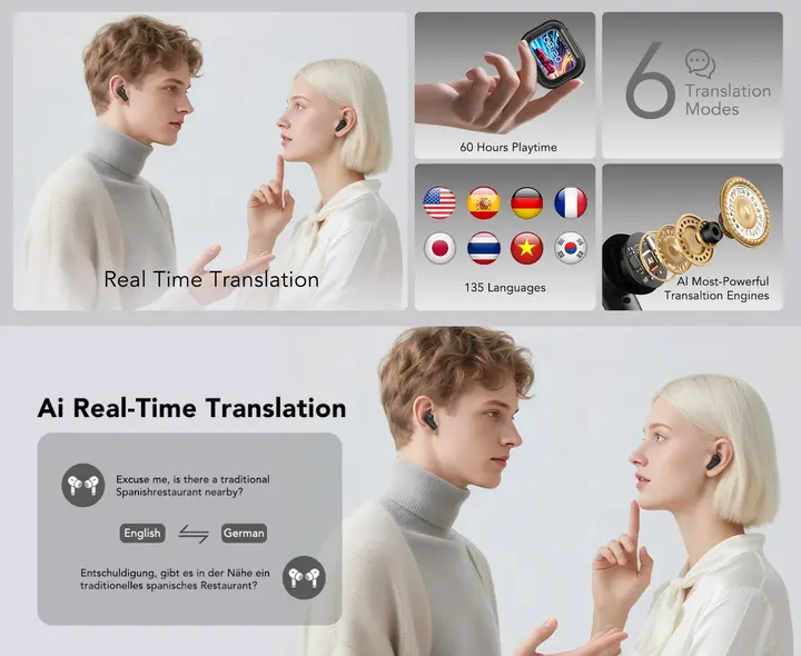 Бездротові навушники HTC NE20 AI з функцією переведення в режимі реального часу, Bluetooth V6.0 iPhone/Android, Black - Зображення 5