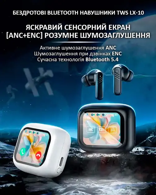 Бездротові навушники LX-10 TWS Earbuds з LED дисплеєм, Bluetooth 5.4, ANC+ENC, 320mAh Black - Зображення 2