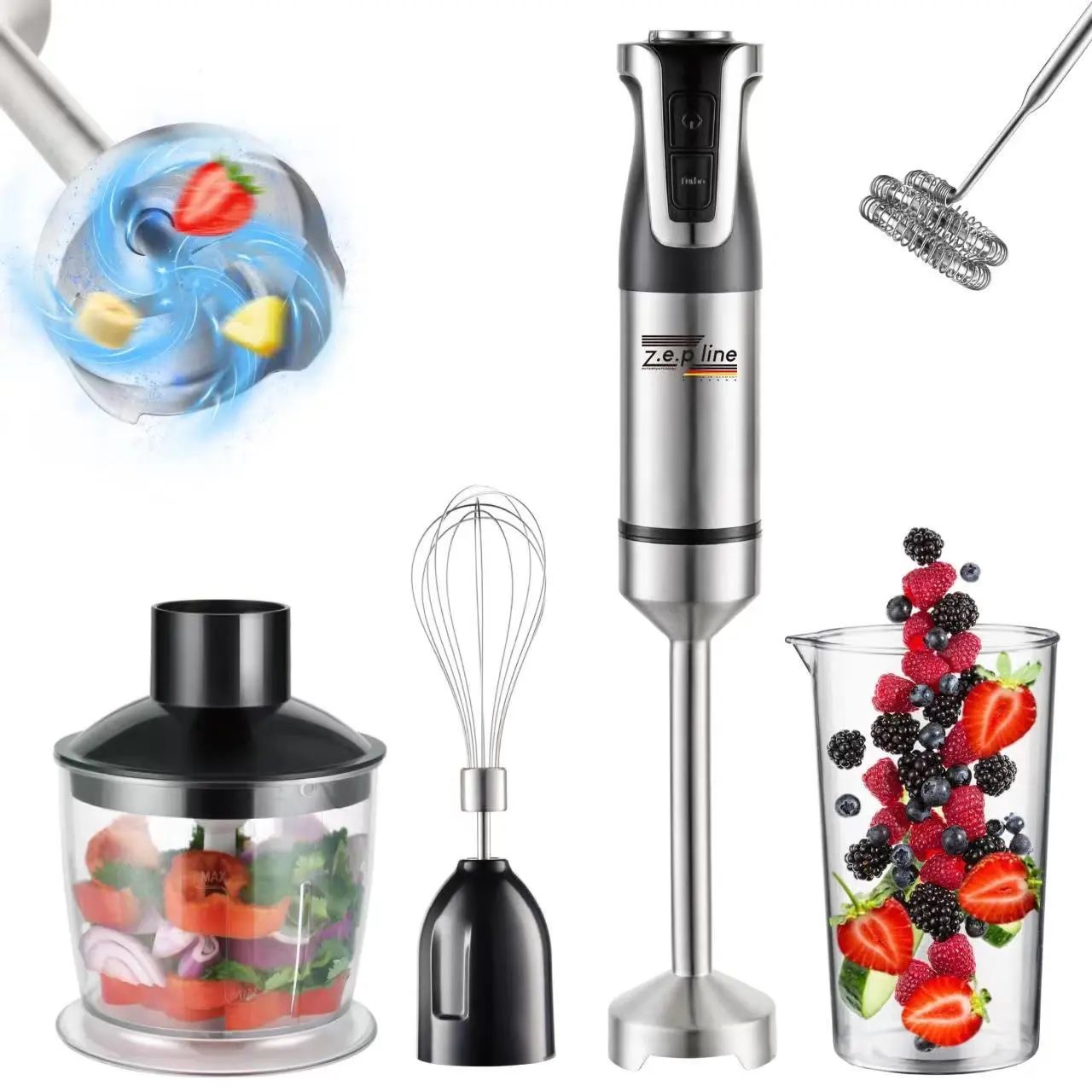 Блендер ручний 5 в 1 на 1500 Вт із подрібнювачем і насадками міксер і спінювач молока 20 швидкостей Zepline - Зображення 4