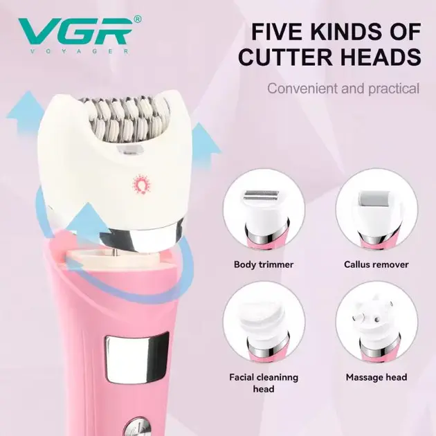 Багатофункціональний акумуляторний епілятор із підсвічуванням VGR V-759 5в1 жіноча електробритва - Зображення 5