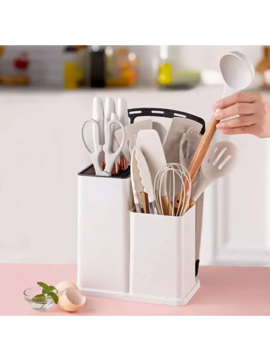 Білий Набір кухонного приладдя 19 предметів з подвійною підставкою дошкою набором ножів ZP-0102