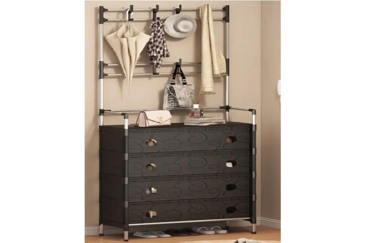 NEW Залізна вішалка для одягу + підставка для взуття, 2 в одному, 4 полиці Чорний