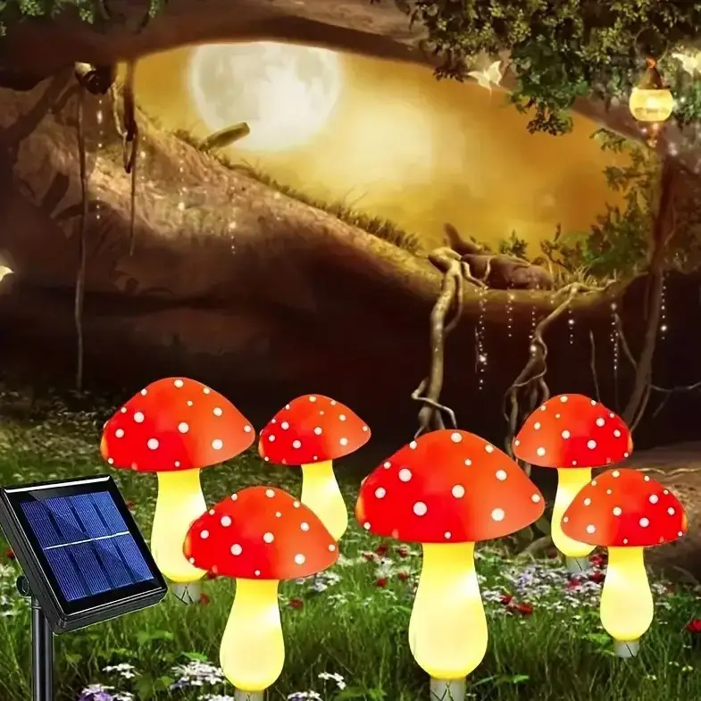 Декоративна гірлянда «Мухомори» із сонячною батареєю, 8 режимів свічення 6 шт - Зображення 5