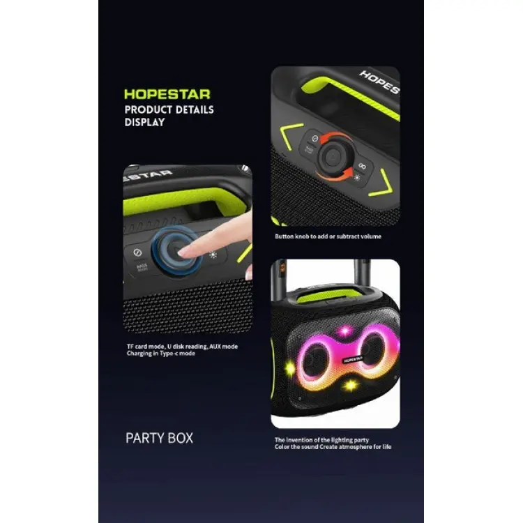 Бездротова Bluetooth колонка HOPESTAR PARTYBOX, 120 ВТ із двома мікрофонами - Зображення 5