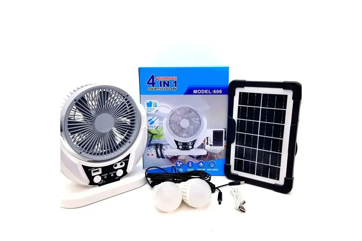 Вентилятор портативний 4в1 (6", сонячна панель, 2 LED лампи, 2 швидкості, 6Вт, USB, 3.2V/4000 мАг)
