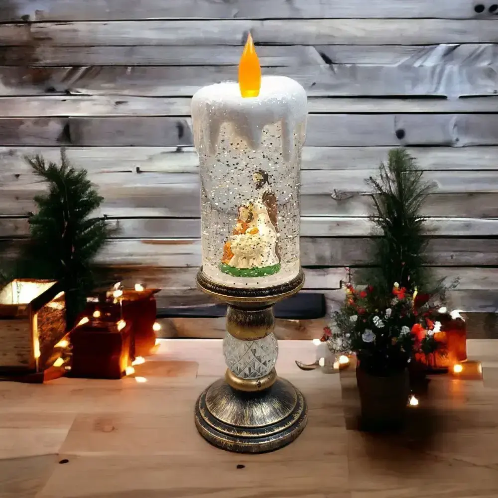 Декоративна новорічна LED свічка зі снігом, 25см, від батарейок та USB - Зображення 4