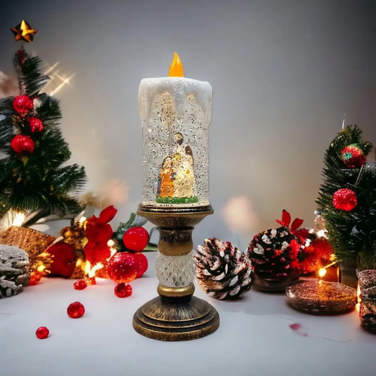 Декоративна новорічна LED свічка зі снігом, 25см, від батарейок та USB - Зображення 3