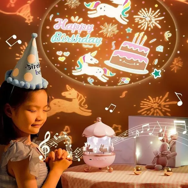 Дитячий нічник проектор зоряного неба Bluetooth Fairy Tale E11 акумуляторний світильник карусель 6 змінних картинок з LED підсвічуванням та музикою - Зображення 5