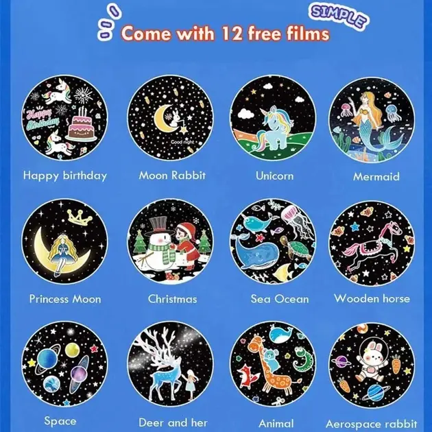 Дитячий нічник проектор зоряного неба Bluetooth Fairy Tale E11 акумуляторний світильник карусель 6 змінних картинок з LED підсвічуванням та музикою - Зображення 7