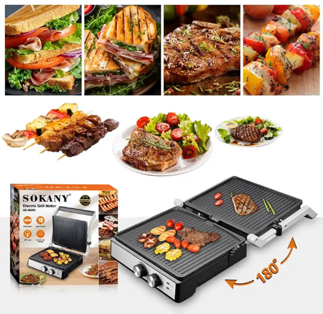 Домашній електричний гриль 2000 Вт, розкриття на 180 °, Sokany SK-08050 - Зображення 2
