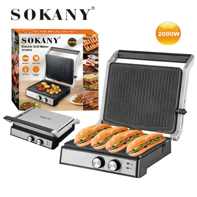 Домашній електричний гриль 2000 Вт, розкриття на 180 °, Sokany SK-08050 - Зображення 4