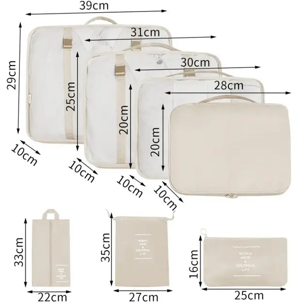 Дорожній органайзер 7в1 Набір органайзерів для одягу, взуття та аксесуарів для подорожей Бежевий - Зображення 3