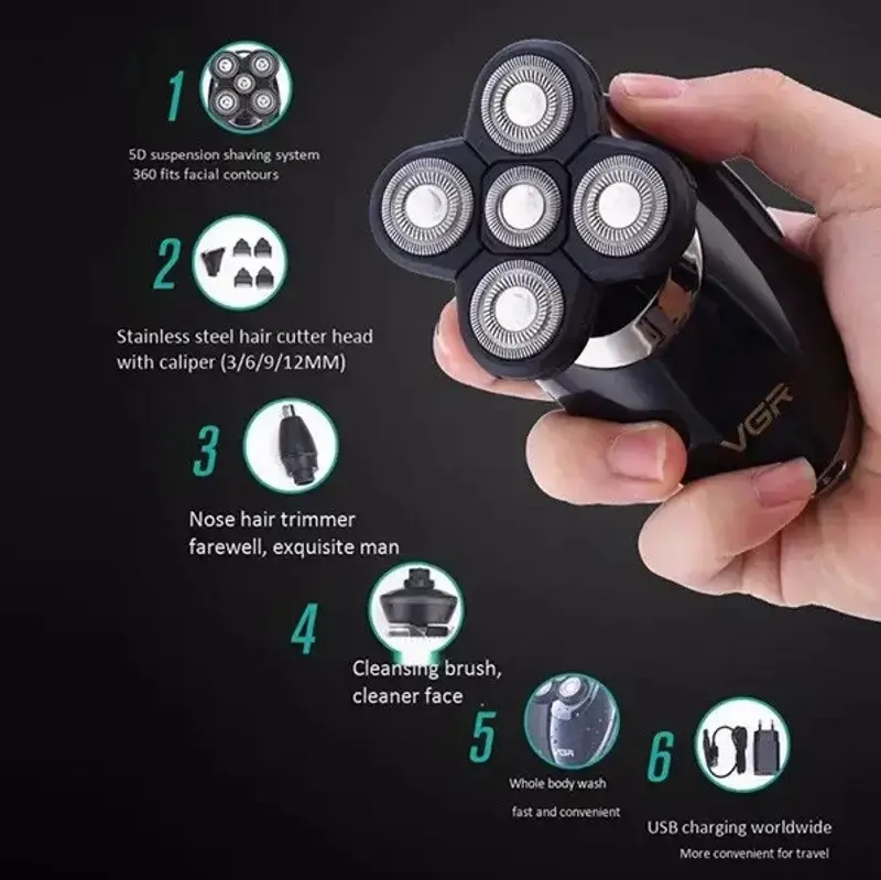 Електробритва V-302 для чоловіків роторна для вологого та сухого гоління з плаваючими головками та триммером 4в1 VGR - Зображення 4