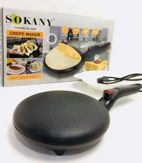 Електрична занурювальна сковорода для млинців з антипригарним покриттям 20 см електромлинниця SOKANY SK 5208 600 Вт Чорна - Зображення 7